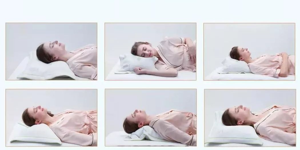 Six sleeping positions on the Zhuyun pillow: back sleeping, side sleeping, the low end, and folded for extra height